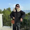 Chaqueta de plumón de longitud media, chaqueta de plumón de invierno para mujer talla grande estilo coreano, abrigo corto cálido con capucha de corte holgado, negro