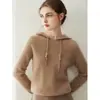 Suéter com capuz 100% caxemira pura para outono e inverno, moletom pulôver, malha casual, jaqueta suéter