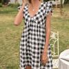 2021 verão novo comércio exterior transfronteiriço Amazon Europeu e Americano feminino xadrez manga voadora com decote em V vestido justo feminino