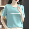 Tricô gola redonda pequena combinação de cores cruzadas fio de algodão feminino solto casual confortável respirável primavera e verão novo tricô manga curta