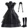 Miércoles Addams Cosplay Disfraz Transfronterizo Versión Infantil Halloween Vestido Negro de Gasa Una Pieza