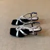 Primeiro Encontro com as Sandálias de Salto Alto com Strass Estilo Francês Que São Confortáveis para os Pés, Novo Modelo Feminino 2026 Sandálias Romanas com Bico Quadrado e Salto Irregular