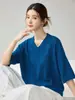 Suéter de cachemira para mujer con cuello en V y dobladillo enrollado, de manga corta, estilo jersey, color liso, corte holgado, casual, versátil, simple, tejido de punto para otoño/invierno