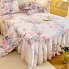 Saia de Cama de Algodão Puro com Acabamento de Renda Estilo Coreano Peça Única Todo Algodão Lençol de Cama de Verão Cobertura de Cama Universal para Todas as Estações Conjunto de Três Peças Estilo Princesa