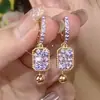 Sentido del Diseño Hebilla de Oreja de Cristal Cuadrado Diamante Púrpura Nicho de Alta Gama Lujo Ligero Versátil Pendientes de Borla Pendientes Elegantes