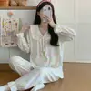 Novedad Otoño 2026 Conjunto de Pijama y Ropa de Casa Cómoda de Algodón Nube para Mujer, Estilo Princesa, con Cuello de Encaje y Lazo de Doble Capa
