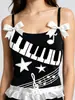 Colete Nicho Feminino Y2K com Estampa Doce e Cool de Nota Musical, Laço Duplo nos Ombros, Design de Borda Franzida, Caimento Ajustado, Estilo Curto, Estilo Hot Girl