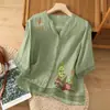 Blusa elegante para mujer de estilo regular, nueva de algodón y lino para primavera y verano, fresca, artística, con bordado y cuello en V