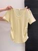 Top Corto Tierno Amarillo Blanco para Mujer en Verano, Pequeño Reductor de Edad Cintura Plisada Manga Corta Sencillo Cuello en V Camiseta Hombro Derecho