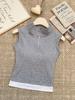 Camiseta de dos piezas falsas con empalme azul claro, cremallera, cuello semiabierto, chaleco sin mangas corto ajustado para mujer, verano