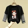 Nova Camiseta de Algodão Puro Patchwork com Gola Redonda e Manga Longa para Crianças, Estilo Fino, Primavera e Outono 2026, Meninas, Desenho Animado, Top Versátil