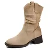 Botas Femininas de Camurça 2025 Novas Maillard Retrô Cowboy Ocidental Plissadas Elásticas Slimming Slip-On