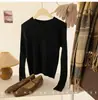 Camisa Básica Elegante Slim de Gola Redonda para Mulheres no Outono e Inverno Nova Malha de Alta Qualidade com Top de Malha de Manga Longa Preto