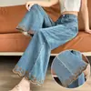 Calça Jeans Flare Bordada com Renda para Mulheres, Outono 2026, Petite Cintura Alta Elástica Modelagem Solta, Emagrecimento, Calça Micro Flare Super Popular