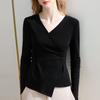 Camiseta de Manga Media para Mujer 2025 Nuevo Estilo Ropa para Mujer Cruzada Cuello en V Manga Media Algodón Camiseta Cintura Asimétrica Ajustable Top Único para el Trabajo