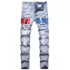 Calça jeans masculina ripped bordada de alta qualidade europeia e americana, estilosa e de corte slim, elástica, moderna, versátil, calça longa casual