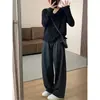Calças Casuais de Xadrez Preto e Cinza para Mulheres, Novas Calças Longas de Outono para Plus Size, Cobre o Quadril, Emagrecimento, Cintura Elástica, Calças de Perna Reta de Perna Larga