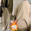 7396B#M-3XL Pantalones de pierna recta para embarazadas, forrados con vellón de cachemira, de sarga de espiga de invierno, pantalones de pierna ancha, pantalones casuales sueltos