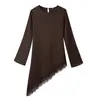 Estilo europeo y americano AliExpress superventas moda moderna top satinado de cuello redondo con encaje y amarre en la espalda manga larga