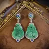 Brincos vintage Qingdao estilo chinês novo esculpidos em cabaça, modernos e de luxo leve, estilo nacional, elegantes, com pedra preciosa azul e diamantes, brincos longos para mulheres