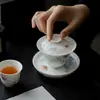 Gaiwan Azul y Blanco Pintado a Mano con Esmalte Bajo de la Dinastía Tang y Song, Juego de Té Kung Fu, Tazón de Té Cerámico para el Hogar, Gaiwan de Porcelana Blanca de Pared Delgada Estilo Erudito