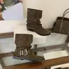 Botas de cowboy occidentales para mujer, nuevas botas de verano 2026, estilo vintage Maillard con hebilla de cinturón, tacón grueso, botines fruncidos