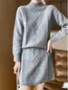 Conjunto casual de malha com trança em padrão de losangos estilo coreano, com gola alta e meia, para mulheres, conjunto de vestido suéter macio para outono e inverno