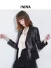 Elegante blazer de cuero para mujer con cuello de solapa, diseño de dos botones, corte ajustado, chaqueta de cuero negra, versátil para ir al trabajo