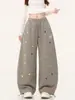 Calça de moletom larga com estampa de estrela retrô americana para mulheres e homens, calça casual solta de outono, calça casual de perna reta atacado