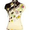 Novo cheongsam de estilo chinês retro-modernizado com estampa floral e bordado, top de manga curta com gola alta, design abotoado, detalhes vazados, corte justo para mulheres