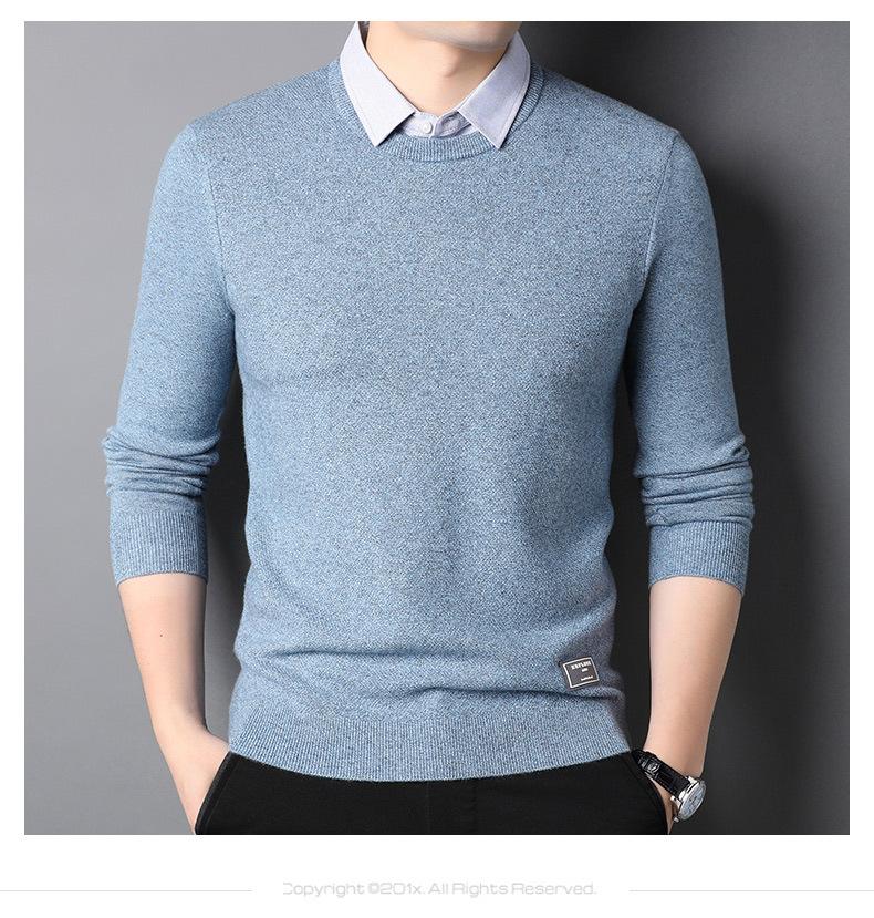 恒源祥衬衫领假两件毛衣男春秋含羊毛打底衫商务休闲纯色针织衫男