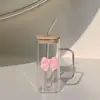 Vaso de Agua Cuadrado Transparente Sencillo con Asa de Lazo, Vaso con Popote de Vidrio, Taza de Vidrio Resistente a Altas Temperaturas para Café y Leche, Vaso de Vidrio