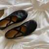 Zapatos de Ballet Planos de Punta Redonda con Tiras Cruzadas Vintage de Verano y Otoño Zapatos Vintage Negros de una Capa Zapatos de Piel Pequeños Mary Jane de Boca Baja para Mujer