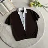Camiseta de Tricô Manga Curta Gola Lapela Falsa de Duas Peças Estilo Old Money Patchwork Color Block Luxo Casual para o Trabalho