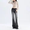 Jeans Lavado Preto e Cinza de Cintura Alta Estilo Americano Tendência Inverno 2025 para Mulheres, Calças Flare Elásticas de Corte Slim