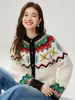 Cárdigan de Cachemir Intarsia Fair Isle 2026 Otoño/Invierno para Mujer Cuello Redondo Bloque de Color Parte Superior Abrigo Dulce con Botones de Perla