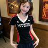 Camiseta Deportiva de Manga Corta con Cuello en V Estilo Americano, Hombro Regular, Bloque de Color, para Mujer, Estilo Verano Chica Caliente, Top Entallado que Define la Cintura, Trendy
