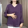 Dropshipping Transmisión en Vivo Moda Popular para Mamás 2026 Primavera/Verano Cuello en V Jacquard Manga de Tres Cuartos Camiseta Camisa Base para Mujer