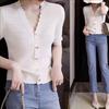 Suéter de punto de manga corta para mujer, nuevo cárdigan fino de verano 2025, cuello en V, corte entallado, top negro elegante y adelgazante.