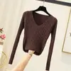 Suéter de Punto Acanalado Ajustado de Otoño/Invierno Nuevo para Mujer, Top Base de Punto Ajustado de Color Sólido con Mangas Largas