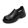Mocassins Simples de Bico Redondo e Salto Grosso em Couro Genuíno para Mulheres 2025 Primavera e Outono Novos Flats de Sola Grossa Sapatos de Couro Pequenos Casuais Britânicos