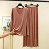 Modal Cor Lisa Nova Tamanho Grande Pijama e Roupa de Dormir para Casa Gola Redonda Manga Longa Calça de Perna Larga Conjunto Feminino Outono e Inverno Conjunto de Duas Peças