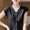 Cardigan de malha feminino, novo, primavera e verão, manga curta, cor sólida, simples, gola V, camiseta, top, fino, combinando, manga voadora, camisa básica
