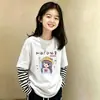 Camiseta de Algodão Puro Manga Longa para Meninas Primavera e Outono Estilo Coreano Estilosa Estampa de Desenho Animado Top para Crianças Médias e Grandes Camada Base Falsa de Duas Peças