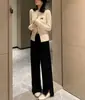 Calças pantalona slim divididas para mulheres Primavera e Outono Novas Cintura alta soltas de lã tipo mop retas com caimento calças de malha para mulheres