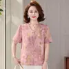 Blusa Estampada de Manga Corta con Cuello en V para Mujer de Mediana Edad y Mayor, Nueva Moda, Camiseta Superior Elegante de Verano para Mamá de Mediana Edad