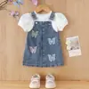 Conjunto de dos piezas de verano para niñas, estilo europeo y americano, camiseta blanca de manga corta + overol azul, casual y cómodo