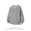 2026 Camiseta Masculina Listrada Gola Redonda Solta Manga Longa Estilo Retro Japonês Tamanho Grande Moda Casual Pulôver Camisa Básica