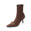 Botas Marrones de Ante Elástico de Tacón de Aguja Maillard Tacones Altos Otoño e Invierno Punta Afilada Botines para Mujer 2025 Estilo Caliente