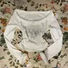 Top Cropped Estilo Desejo Puro Pelúcia Renda Ombro a Ombro Manga Longa Estampa de Anjo Coração Strass Ajustado Mostra Cintura Garota Spicy